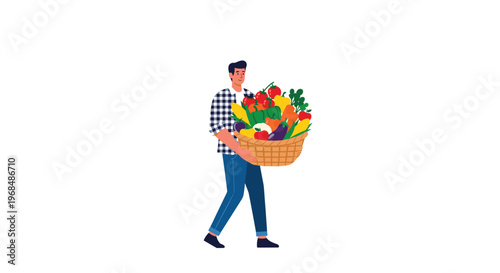 A smiling man in a plaid shirt and jeans walks while carrying a large woven basket overflowing with colorful fresh vegetables.