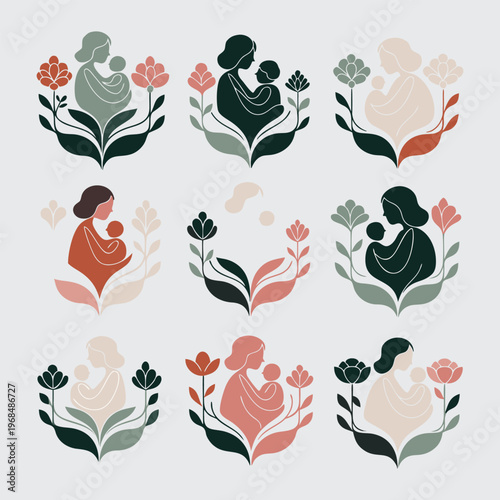 Boho mother and child silhouettes with floral elements, set of 9 vector icons, maternal love and motherhood illustrations in earthy tones