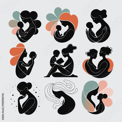 Minimalist mother and child silhouette icons, set of 9 modern motherhood vector illustrations, elegant maternal love and parenting symbols