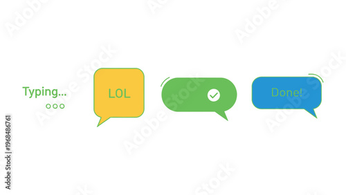 Chat Bubbles: A sequence of animated chat bubbles convey the evolving stages of an online conversation, from the initial typing indicator to the expressive LOL response and finally.