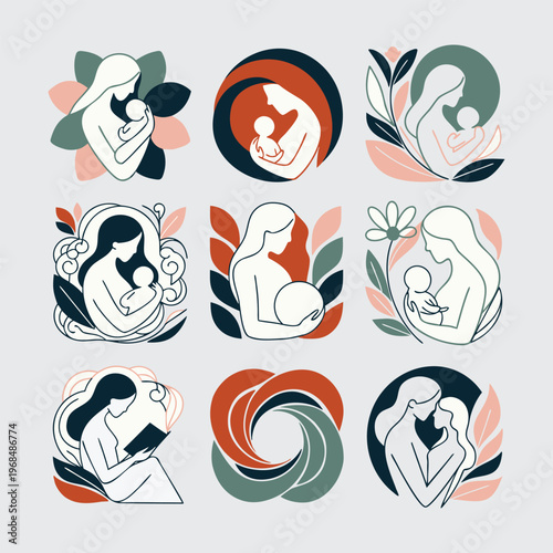 Minimalist mother and child logo set, 9 vector icons of motherhood and breastfeeding, elegant line art of woman holding baby with floral elements