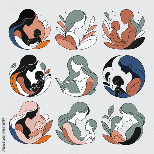 Minimalist Motherhood Line Art Collection, 9 Vector Icons of Mother and Child, Modern Abstract Maternity Illustrations for Branding and Logos