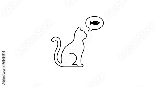 Minimalist Sitting Cat With Floating Fish Thought, Continuous Line Art Vector Illustration