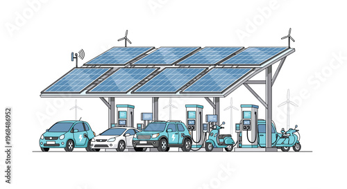 An electric vehicle charging station with a canopy of blue solar panels provides power to two cars and two scooters, with wind turbines in the background.