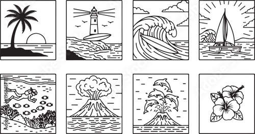 A collection of eight antique black and white sketches featuring nature and architecture Vector