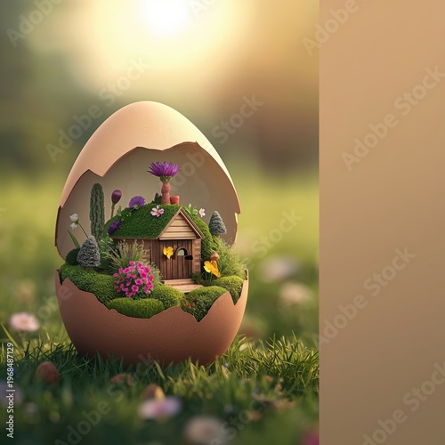 A small house inside an Easter egg in a spring meadow