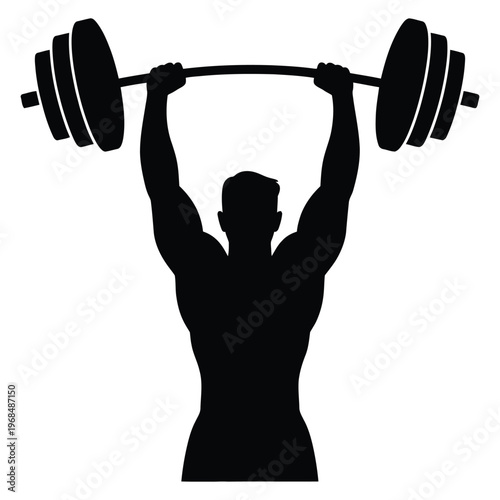 A muscular man powerfully lifting dumbbells overhead in a dynamic intense workout silhouette