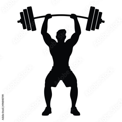 A muscular man powerfully lifting dumbbells overhead in a dynamic intense workout silhouette