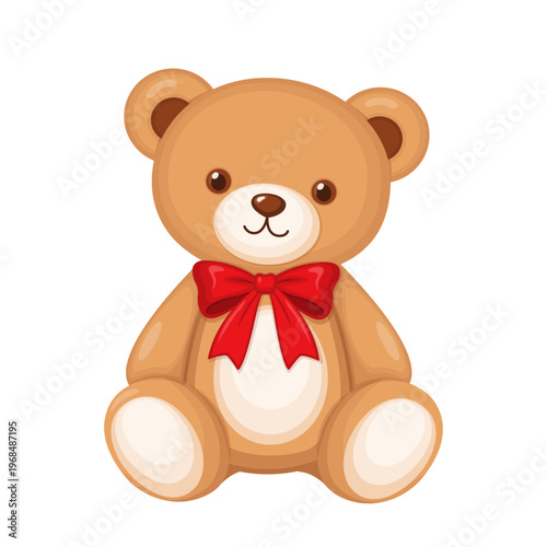 Cute Teddy Bear with Red Ribbon Cartoon Toy Vector Illustration