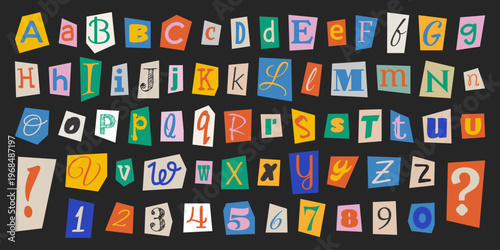 Letters cut out from magazines and newspapers. Alphabet of multicolored letters. Cutouts for anonymous criminal ransom notes, collages, scrapbooking. Trendy letters on dark background