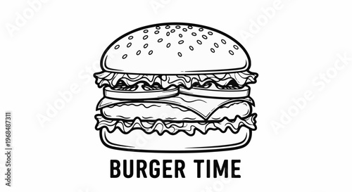 A bold, black and white line art illustration of a double-decker burger