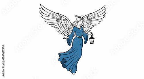 A blue-robed angelic figure with flowing hair, wings, and a halo holds a lantern