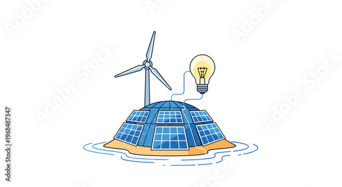 A wind turbine and solar panels on a dome-shaped island power a glowing light bulb in water.