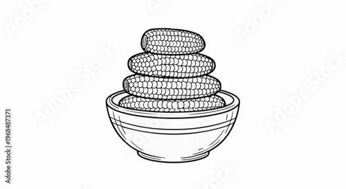 A bowl contains a stack of four cobs of corn, drawn in outline