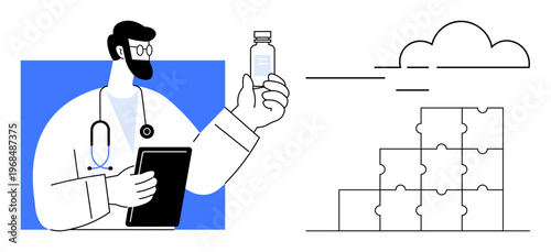 Healthcare innovation. Healthcare professional examines vaccine with digital technology for cloud integration. Healthcare enables solutions thumbs up telemedicine and data storage. For medical
