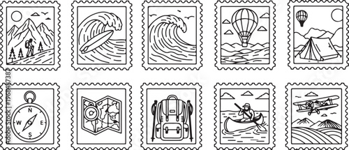 Collection of vintage black and white illustrations depicting various scenes and activities Vector