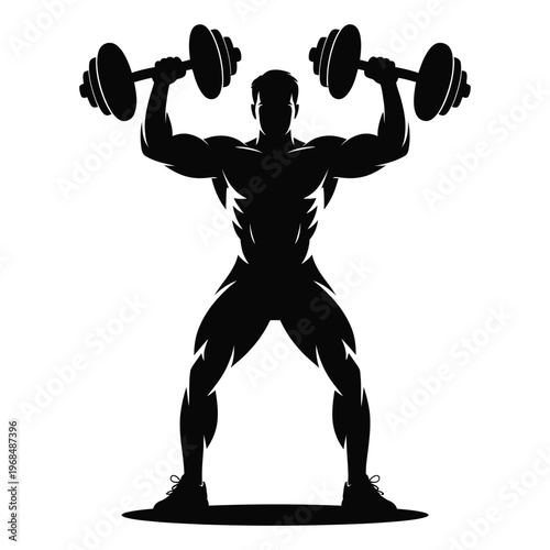 A muscular man powerfully lifting dumbbells overhead in a dynamic intense workout silhouette