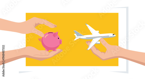 Two pairs of hands hold a pink piggy bank and a white toy airplane within a bright yellow rectangular frame.