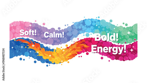 Colorful Dynamics: A dynamic interplay of colors and emotions unfolds, showcasing the essence of Soft, Calm, Bold, and Energy. 