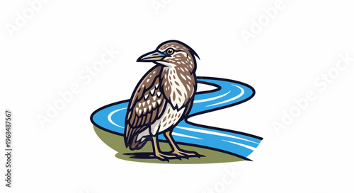 A brown spotted bird stands on a grassy bank beside a winding blue river