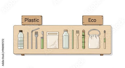 A wooden board displays a side-by-side comparison of plastic and eco-friendly products under Plastic and Eco labels.