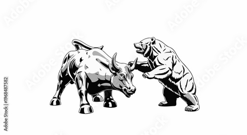 A bull and bear facing each other, representing market forces