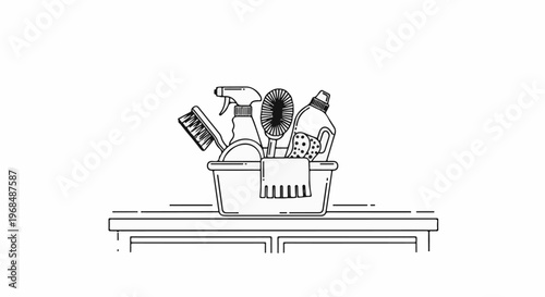 A bucket holds cleaning supplies, including brushes, a spray bottle, and a towel