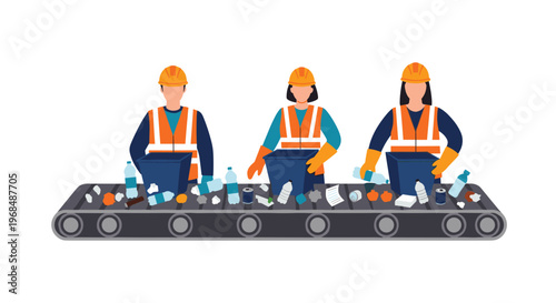 Three workers in safety gear sort various types of trash into blue bins on a moving conveyor belt.