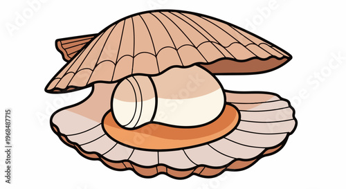 A cartoon scallop shell is open, revealing a pearlescent interior