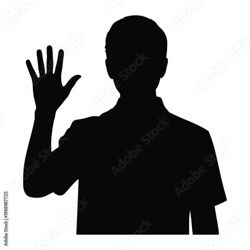 A black silhouette of a man raising his hand in a greeting or stopping gesture silhouette