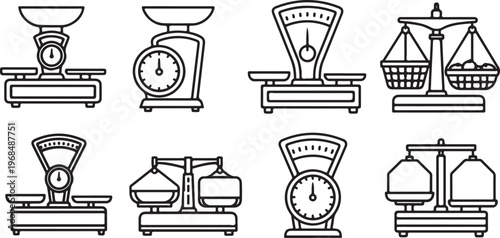 Illustrations of different types of spring balances and weighing scales Vector