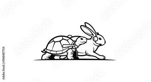 A cartoon turtle rides on the back of a rabbit wearing headphones