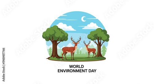 Two brown deer with antlers stand in a lush green forest clearing under a blue sky with WORLD ENVIRONMENT DAY text.