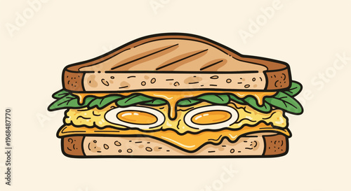 A cartoon-style breakfast sandwich with toast, cheese, greens, and fried eggs