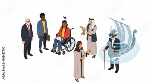Diverse group of people in isometric vector art style, representing different cultures and eras, including a Viking, an elder, a person in a wheelchair, and an Arabian man,