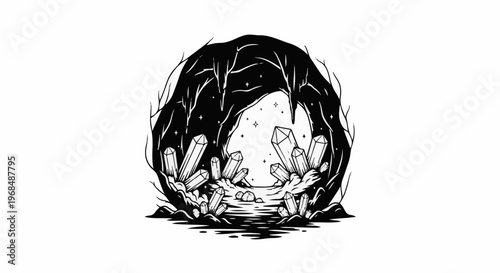 A cave entrance framed by branches, filled with glowing crystals and starlight