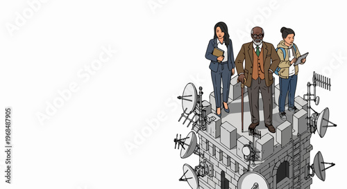 Illustration showing diverse individuals driving global communication, standing on structure with satellite dishes. People represent varied demographics in global communication,