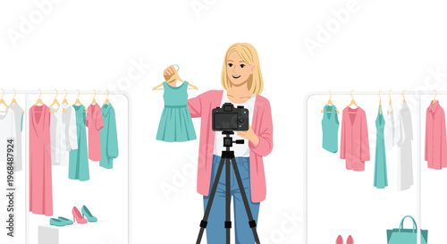 A blonde woman holds a turquoise dress while recording a video with a camera on a tripod, flanked by clothing racks.