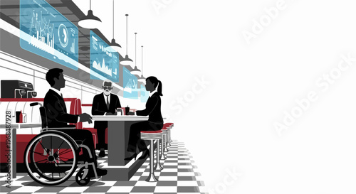 People discussing business technology in retro diner setting with data displays. Three professionals using business technology for strategic planning and collaboration.