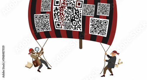 People holding large banner with numerous QR code patterns. This innovative QR code display presents various digital information codes on striped fabric.