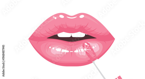 Pink lips are being coated with shimmering lip gloss by a pink applicator on a white background.