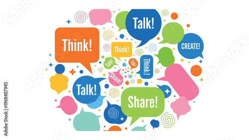 Communication Bubbles: A vibrant and dynamic composition of colorful speech bubbles, each emblazoned with motivational words. Representing the essential building blocks of ideas.