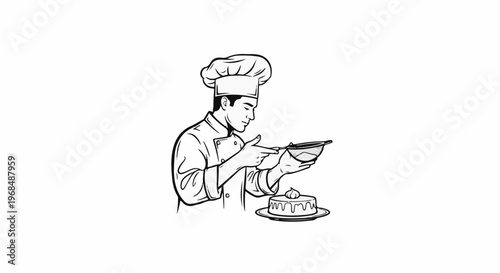 A chef decorates a cake with a sieve and frosting