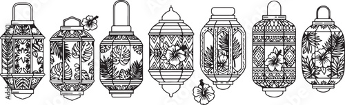 Intricate geometric patterns on a series of ornate vases in black and white Vector