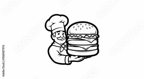 A chef proudly presents a large, delicious burger with two patties