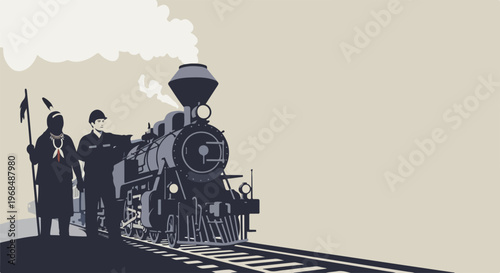 Vintage steam train on tracks, conductor and Indigenous person. Vintage steam train design represents early transportation, symbolizing cultural interaction, progress.