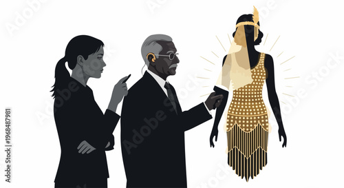 Two people observe radiant flapper dress, a shining gold silhouette from 1920s fashion. Professionals examine iconic flapper dress, discussing historical style and cultural importance.