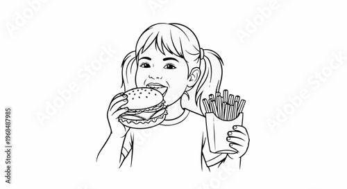 A child enjoys a large burger and a box of fries with enthusiasm