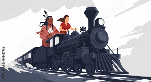 Old steam train journey with diverse travelers onboard antique locomotive, a Native American man and woman embark on exciting steam train journey, illustrating historical travel adventures.