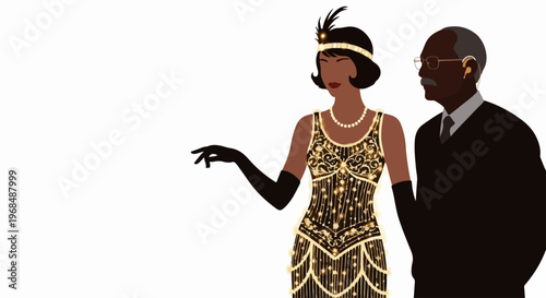 Elegant roaring twenties couple showcasing classic fashion and period style. Roaring twenties couple portrays vintage attire with a flapper dress, pearls, and a dapper suit.